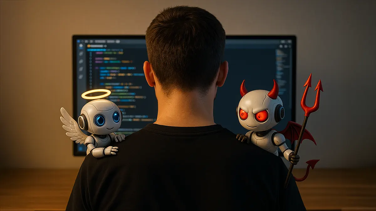 Ein Programmierer mit gutem Engel und schlechtem Teufel